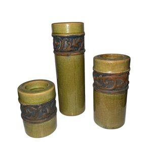 Elegant Green rustic brown Ceramic candle holder set of 3